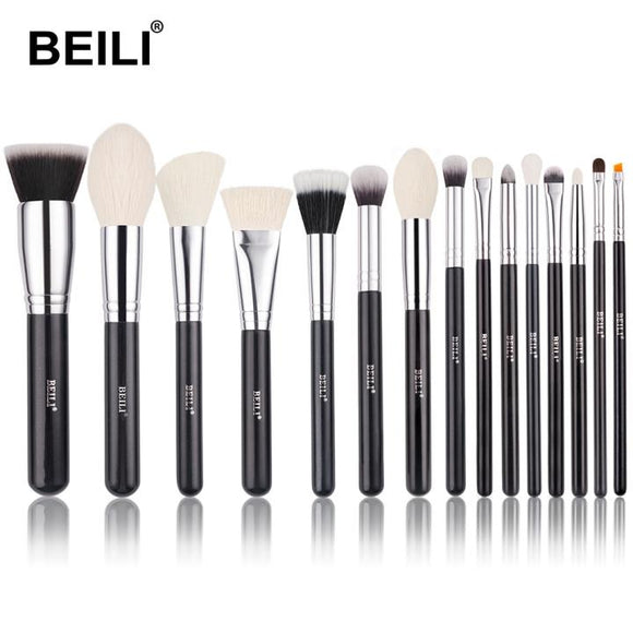 BEILI - 15 Pcs Professional Face and Eyes Premium Synthetic Goat Hair Brushes- Black